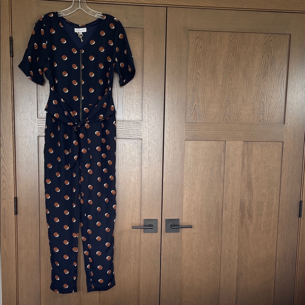 Polka Dot Tie-Waist lined Jumpsuit - Navy with brown/white dots. Size small ENC